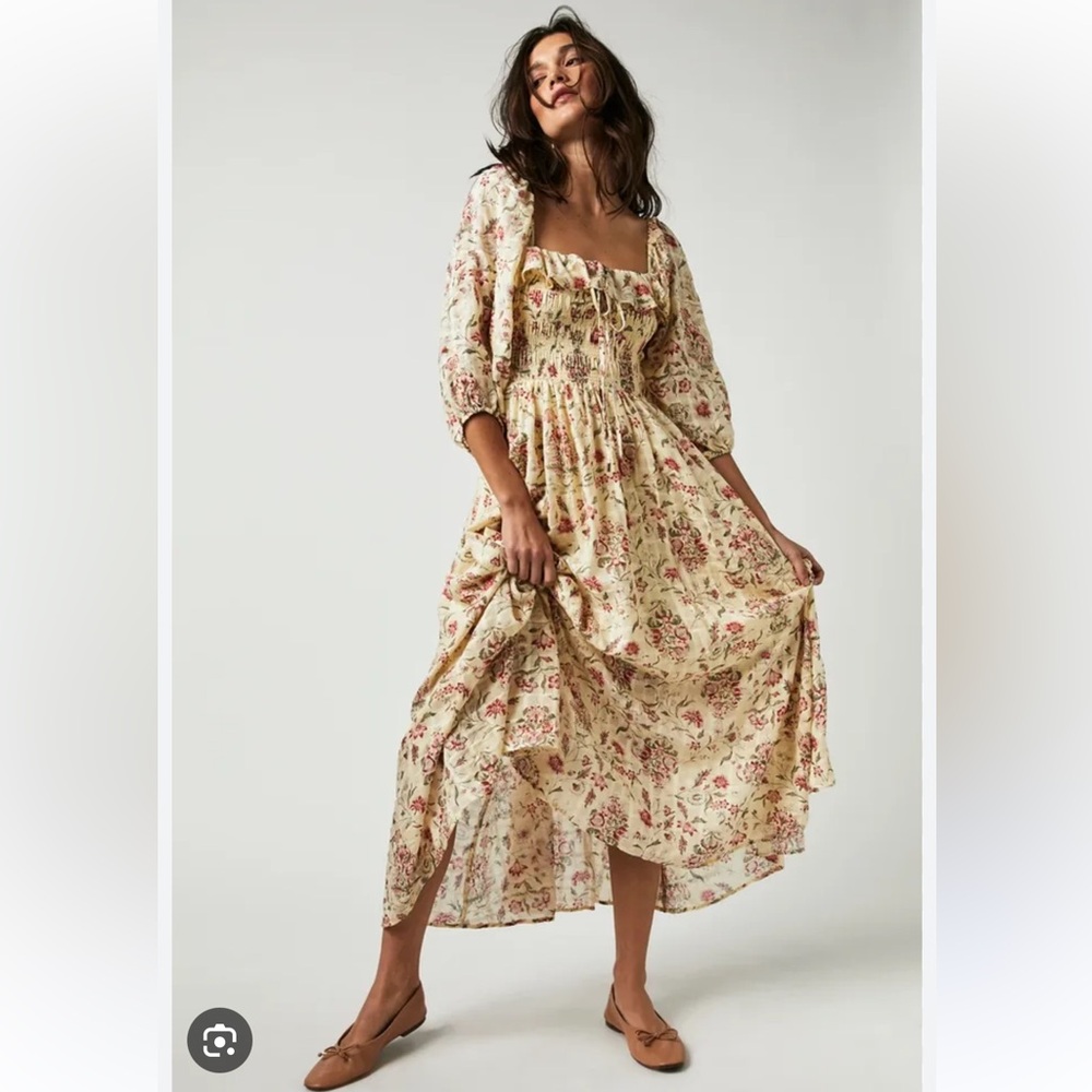 Free People Cream Floral Midi Dress with Pink and Green Print